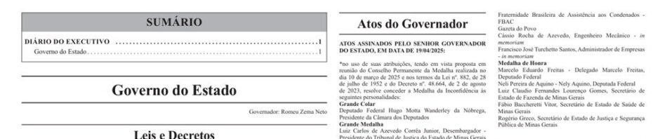 Capa do Diário Oficial de MG